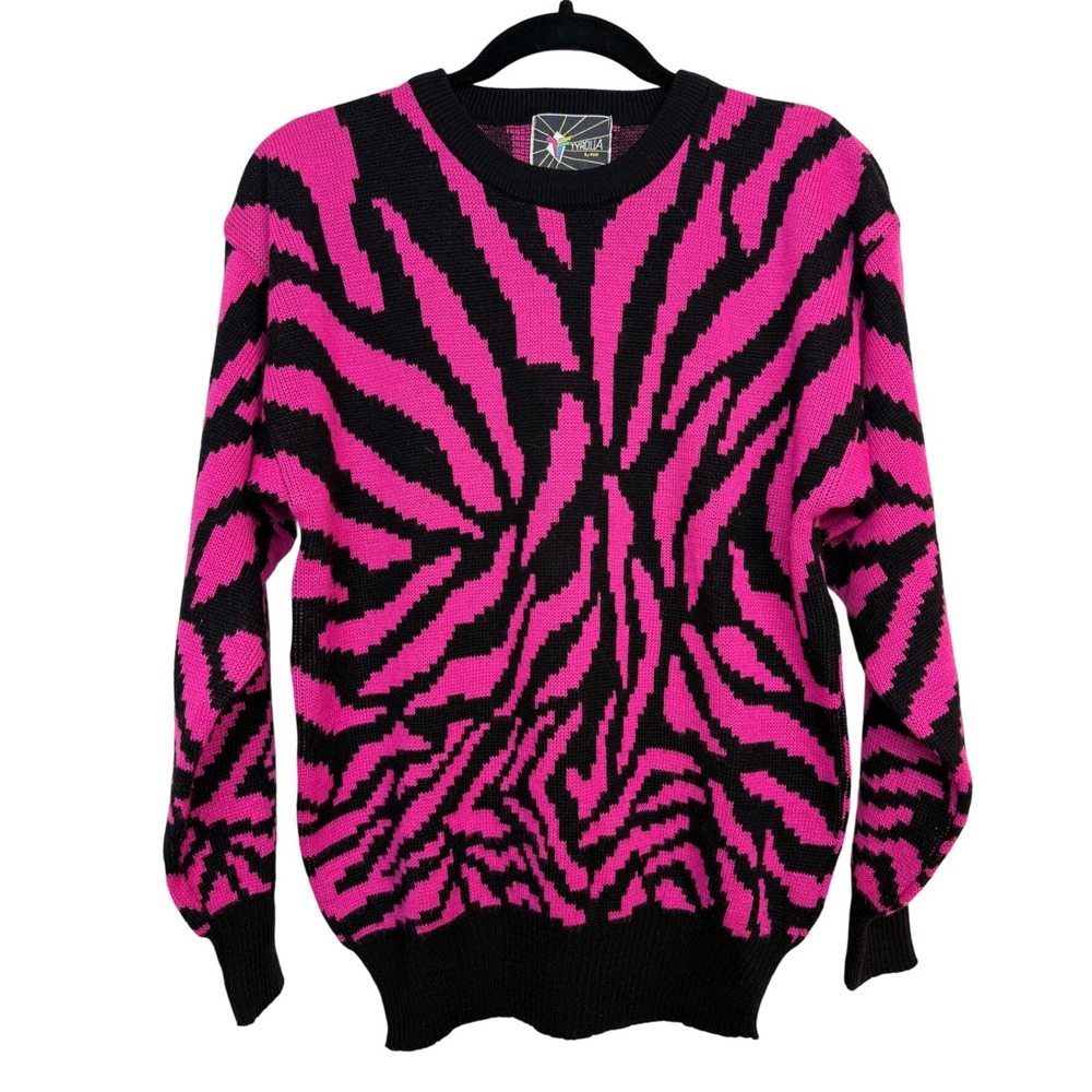 Vintage Tyrolia Zebra Print Knit Sweater Women's Pink Black Long Sleeve